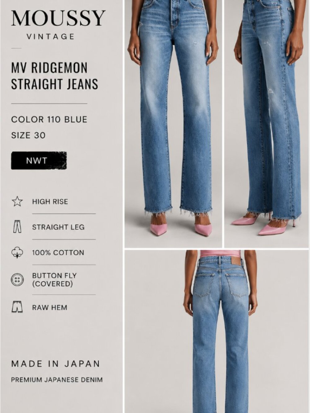 Moussy Vintage MV Ridgemont Straight Jeans Blue Size 30 NWT Made in Japan